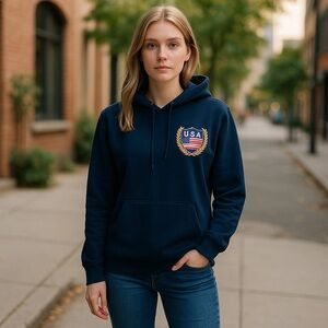 NWT USA FLAG SWEATSHIRT HOODIE MEDIUM NAVY